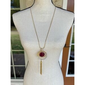 Gold Tone Ruby Red Cabochon Crystal Circle Tassel Long Snake Chain Necklace